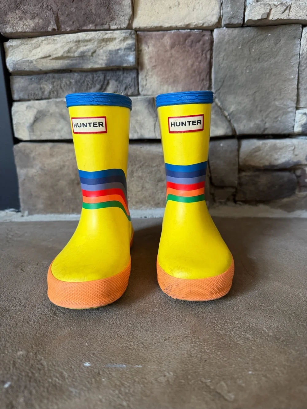 Hunter Kids Yellow Rain Boots with Blue, Red, Orange & Green Stripes